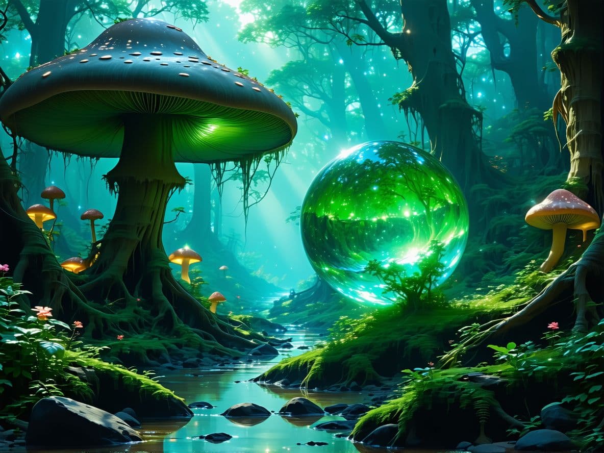 AI generated: Fantasy landscape, dynamic lights, glowing emerald, nebulas, sunset,,8k photorealistic eternal  ambi...