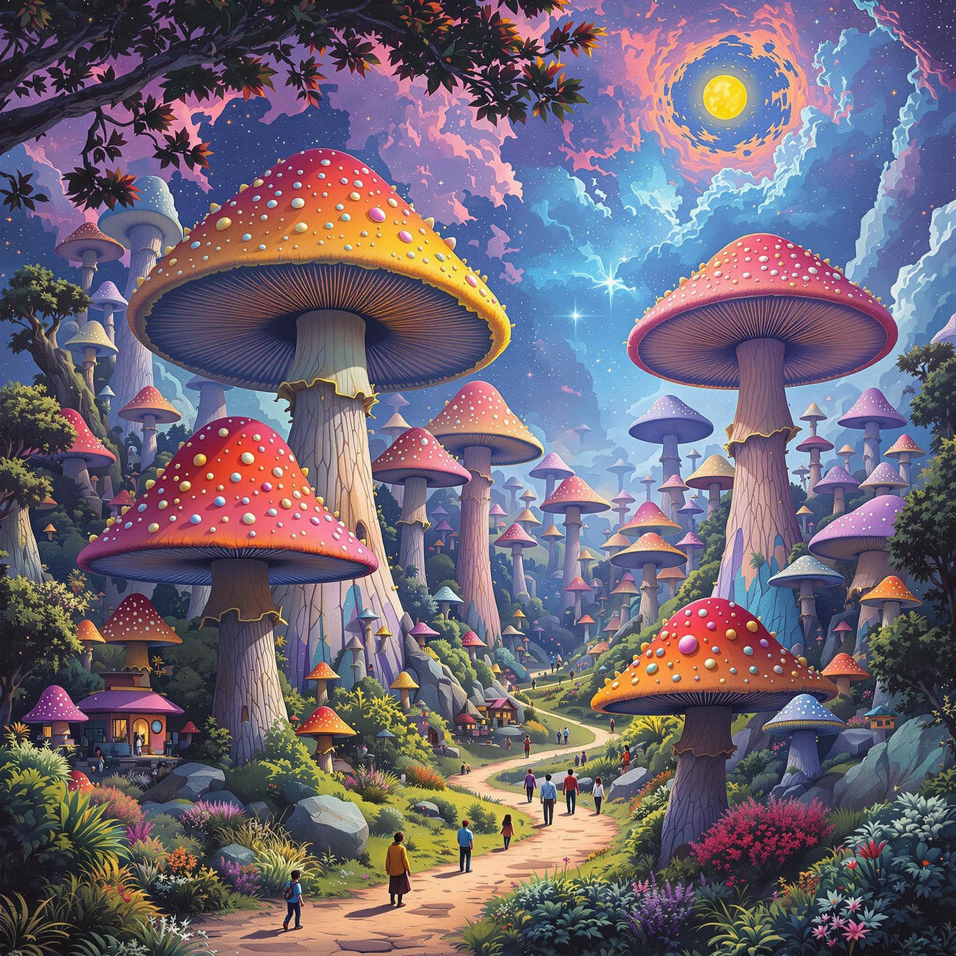 AI generated: psychedelic, surreal. a highly detailed picture of a land far away with huge colored mushrooms, with...