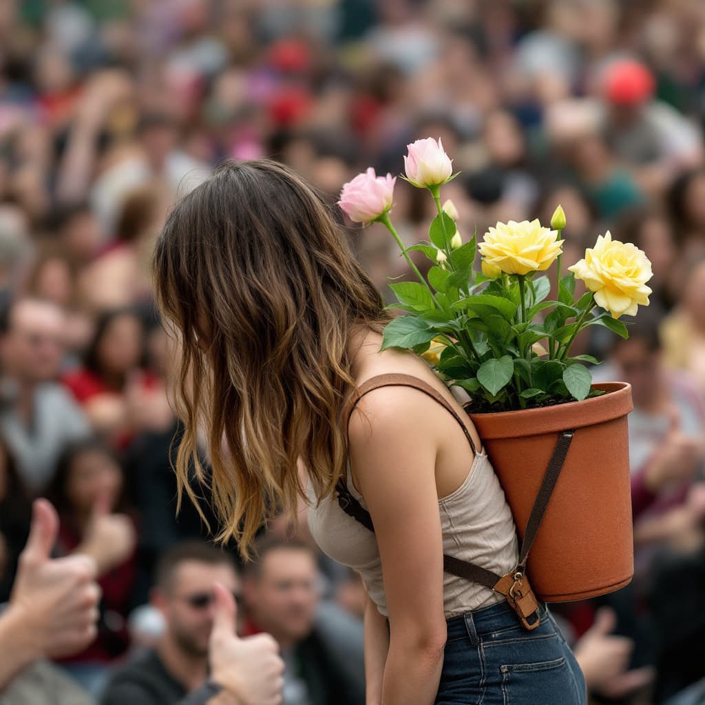AI generated: A photo model bending over with a large pot flower stuck to her back her back. In the background is ...