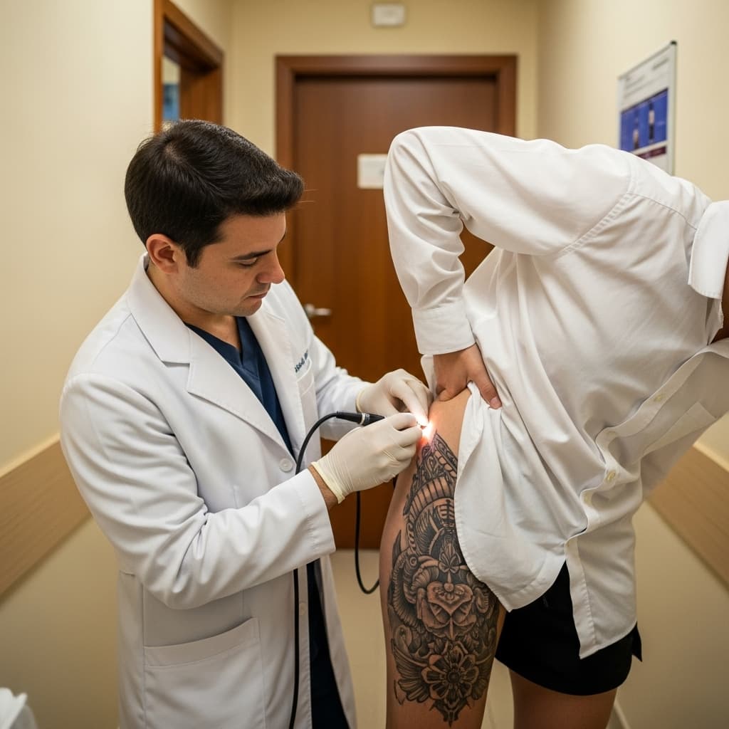 AI generated: A medical professional, dressed in a white lab coat, is performing a procedure on a patient's thigh ...