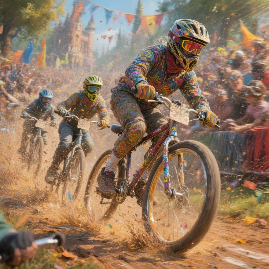 AI generated: painterly style image of a fantasy unicycle race