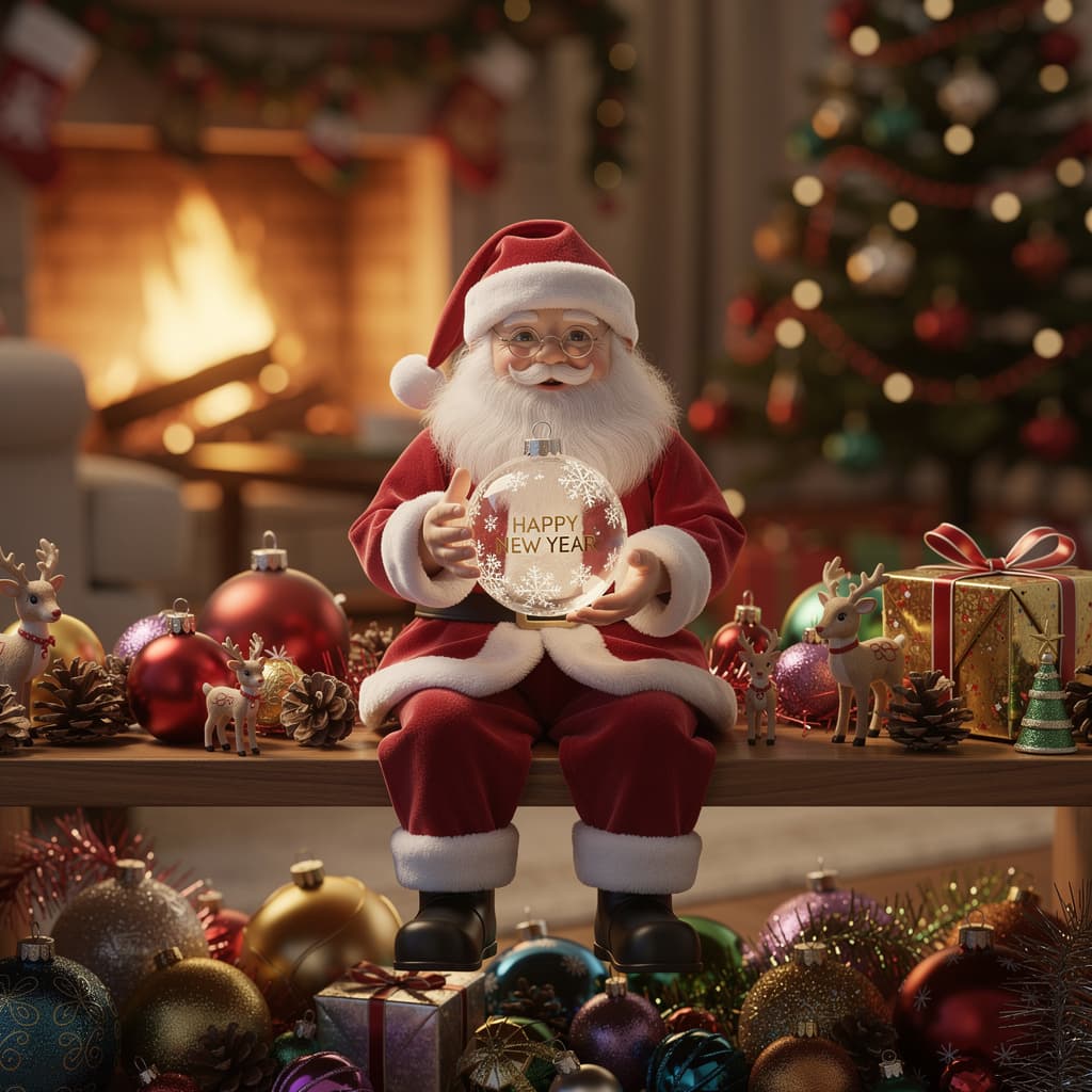AI generated: A 3D representation of a real scene of Santa Claus sitting on a shelf. Santa Claus is holding a tran...