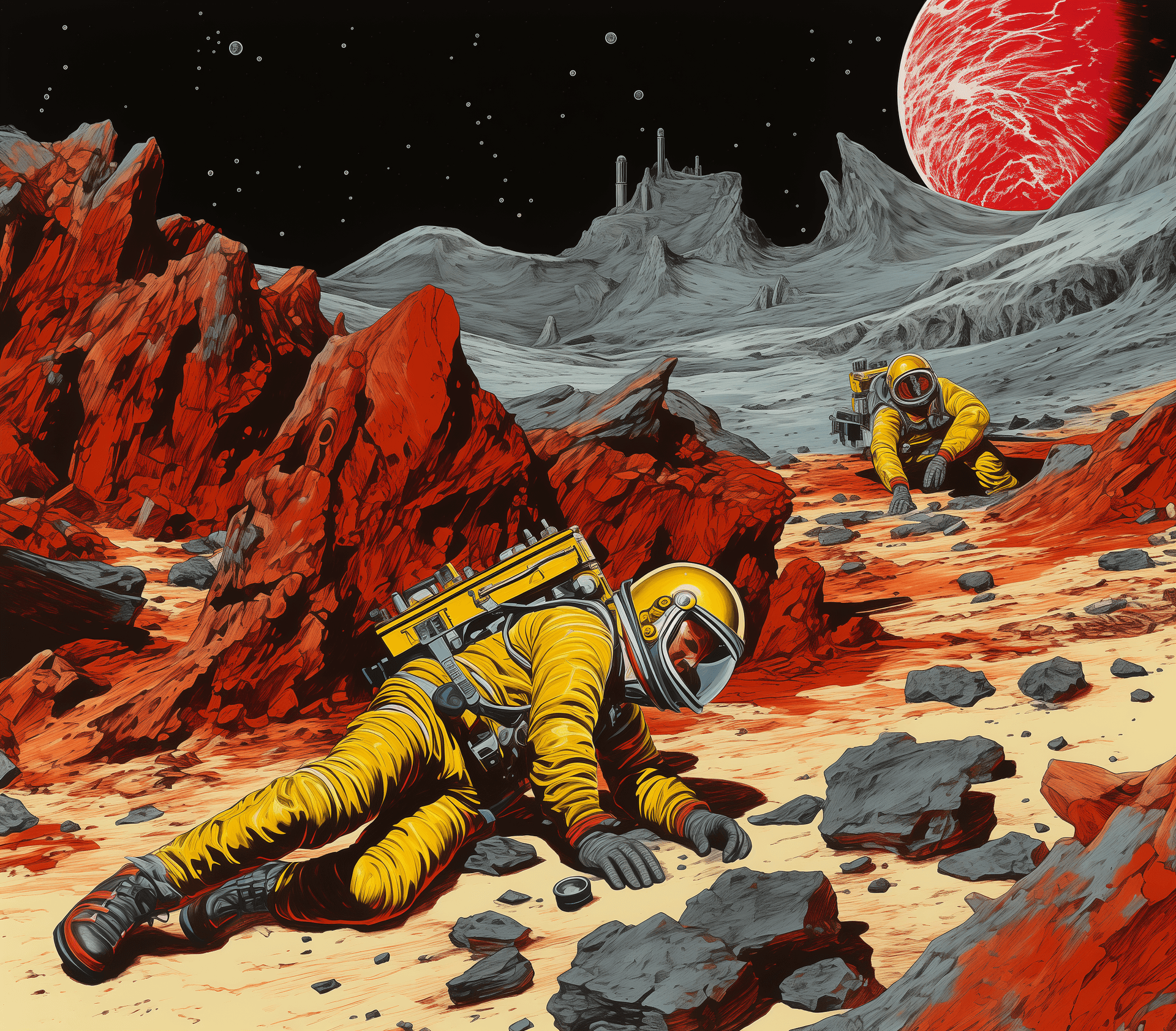 AI generated: A space explorer in a yellow suit is laying on the ground; he has been attacked in the style of an a...