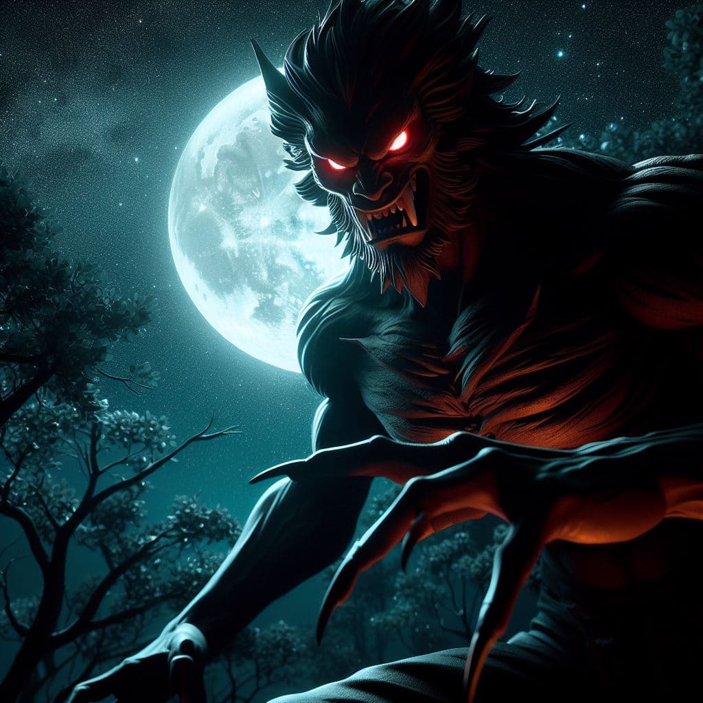 AI generated: a striking night scene featuring Bakasura's imposing silhouette under moonlight. Portray the charact...