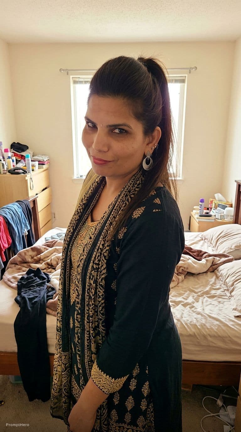 AI generated: teasing, wearing the same bodycon dress, standing seductive pose in a messy bedroom, ponytail hairst...