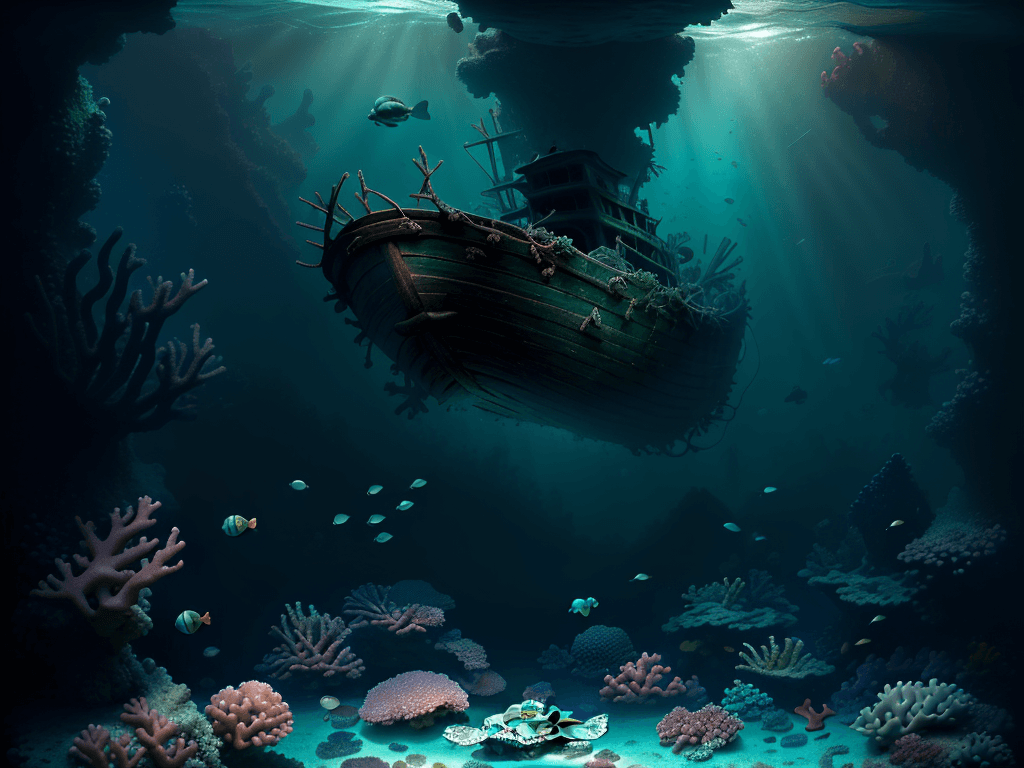 AI generated: a deeper dreamy old little boat wreck, baby green turtle floating and looking at us, corals, sponges...