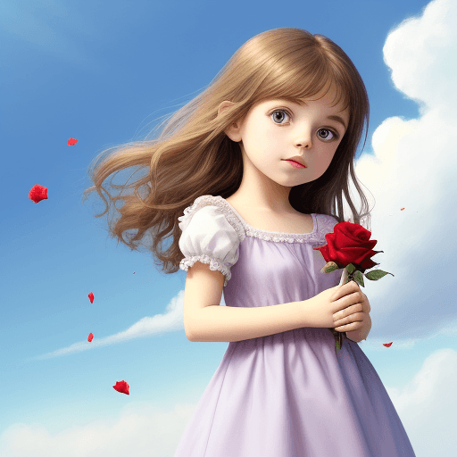 AI generated: an innocent girl holds a rose. cute girl. cartoon. child. background of sky and beautiful. youthful.