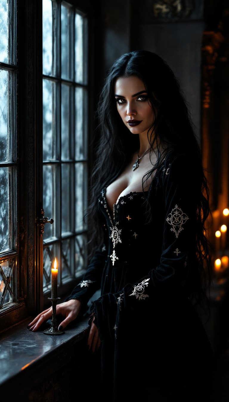 AI generated: "Cinematic portrait of Alina Dreymore, a mysterious woman in her early thirties, with long raven-bla...