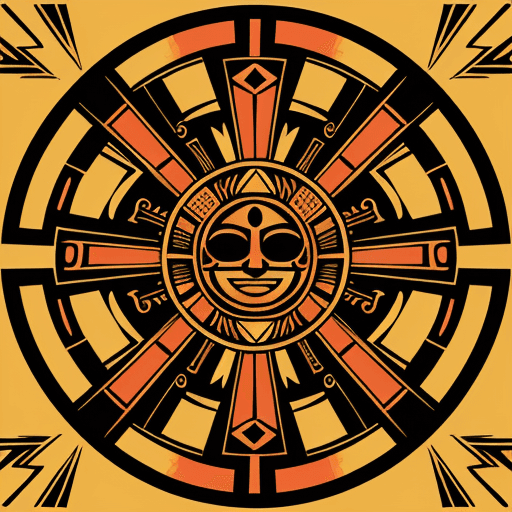 AI generated: aztec SUN SYMBOL In the style of intricate woodcut prints, a colorful, symmetrical compos