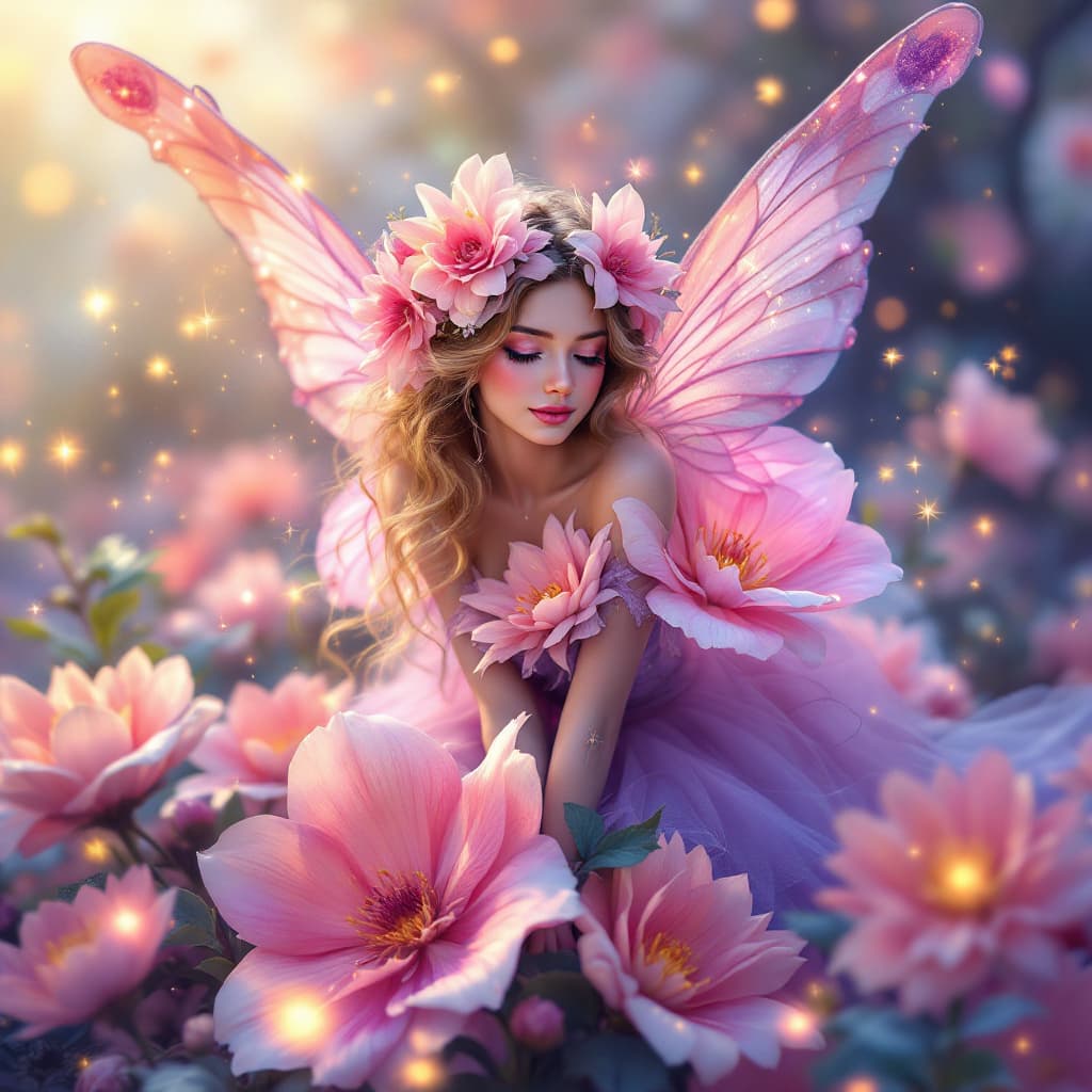 AI generated: fairy with flowers, pastel colors, extremely detailed, lights, glow, flowers