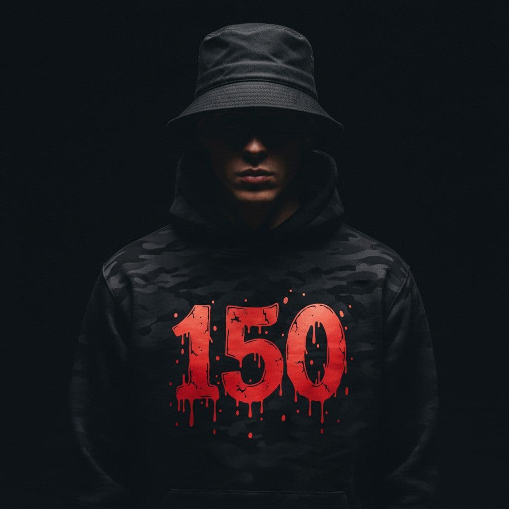 AI generated: photography, front shot, upper body, male model, wearing a bucket hat, black hoody, HOODY WITH TEXT ...