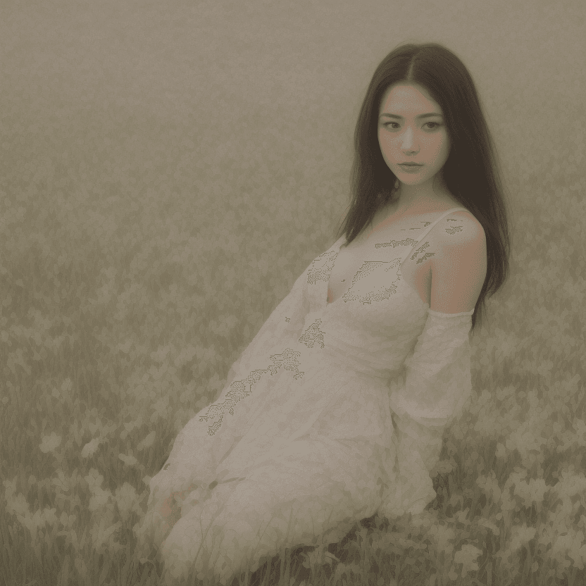 AI generated: A beautiful alluring Japanese woman, with large chest, sits in a serene field of lilies, facing the ...