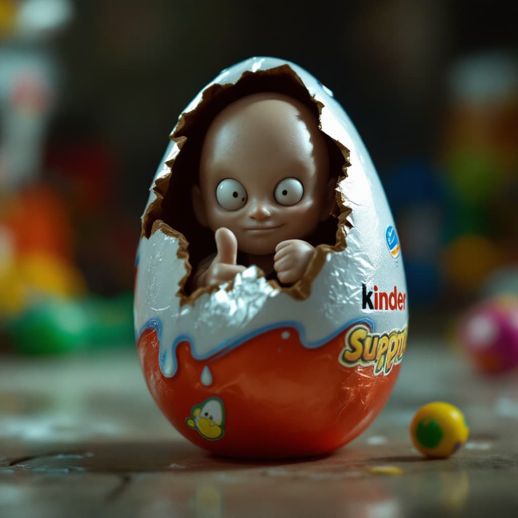 AI generated: Low angle haunted photography of a single large sizable Kinder Surprise egg, with the iconic foil pa...