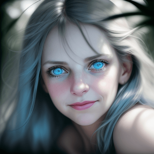 AI generated: colors, sharp light blue eyes, A soul-stirring close-up portrait of a woman, grins, her grace enhanc...