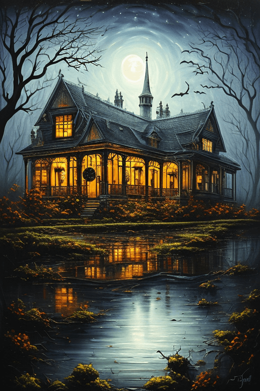 AI generated: mj, a painting of a spooky halloween house, close up, maximum details, surreal art, masterpiece, glo...