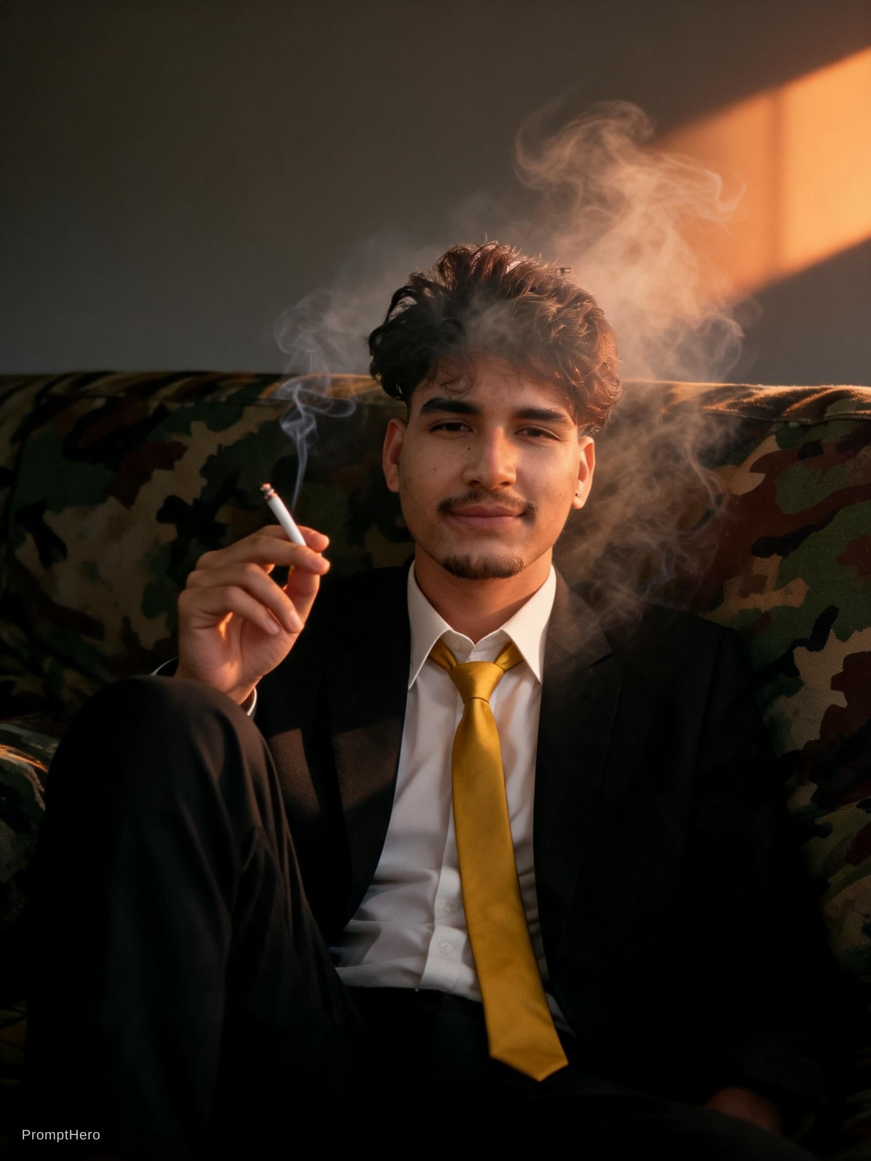 AI generated: photography, cover shoot, dimly lit room with a hazy atmosphere, capturing a professional male model...