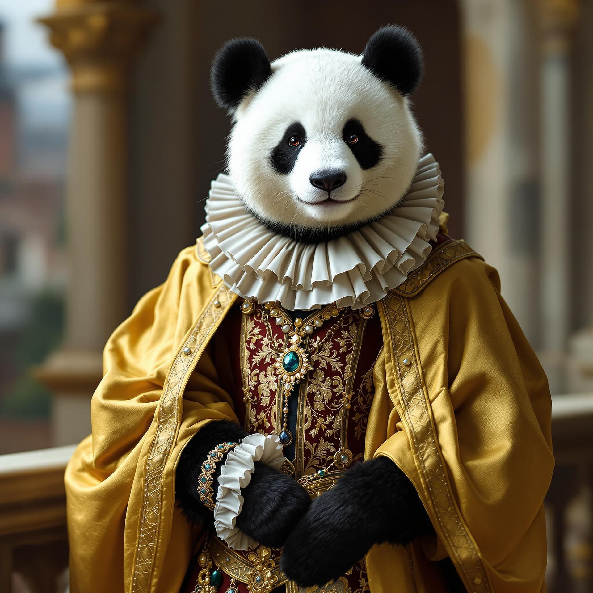AI generated: panda, renaissance costume, ruff collar, golden robe, studio portrait, noble demeanour, detailed emb...