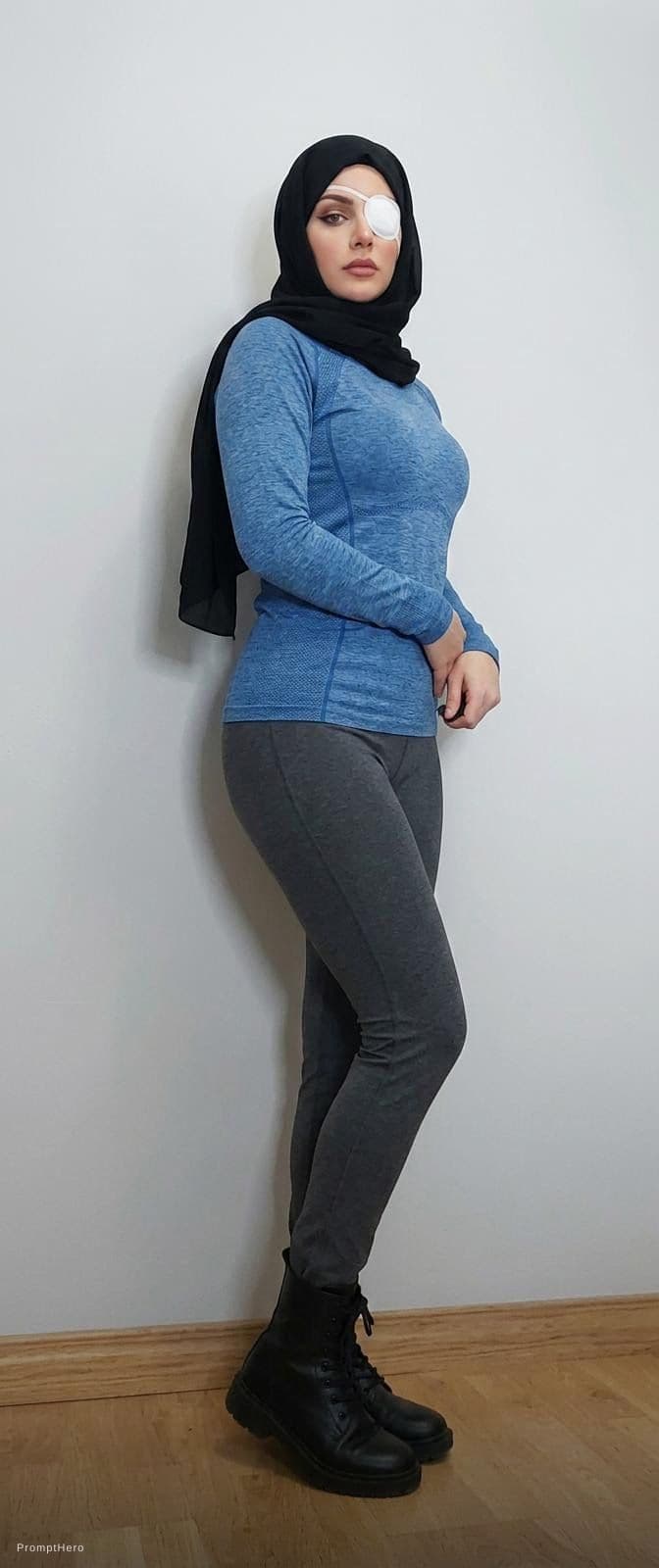 AI generated: Change clothes of woman on picture, should wear blue sport top and grey yoga pants and black hijab, ...