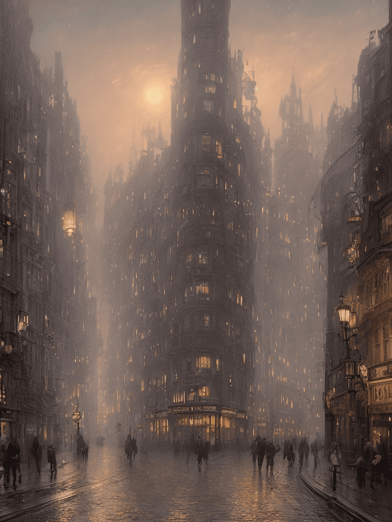 AI generated: "a street in Victorian London under pouring rain, illuminated by gas lights, by Frank Frazetta and Y...