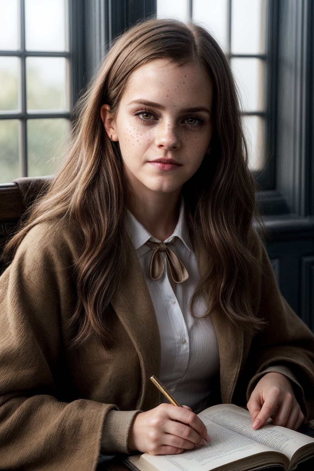 AI generated: (1 girl) portrait of (Emma Watson:1) as Hermione Granger sitting next to a window reading a book, ot...