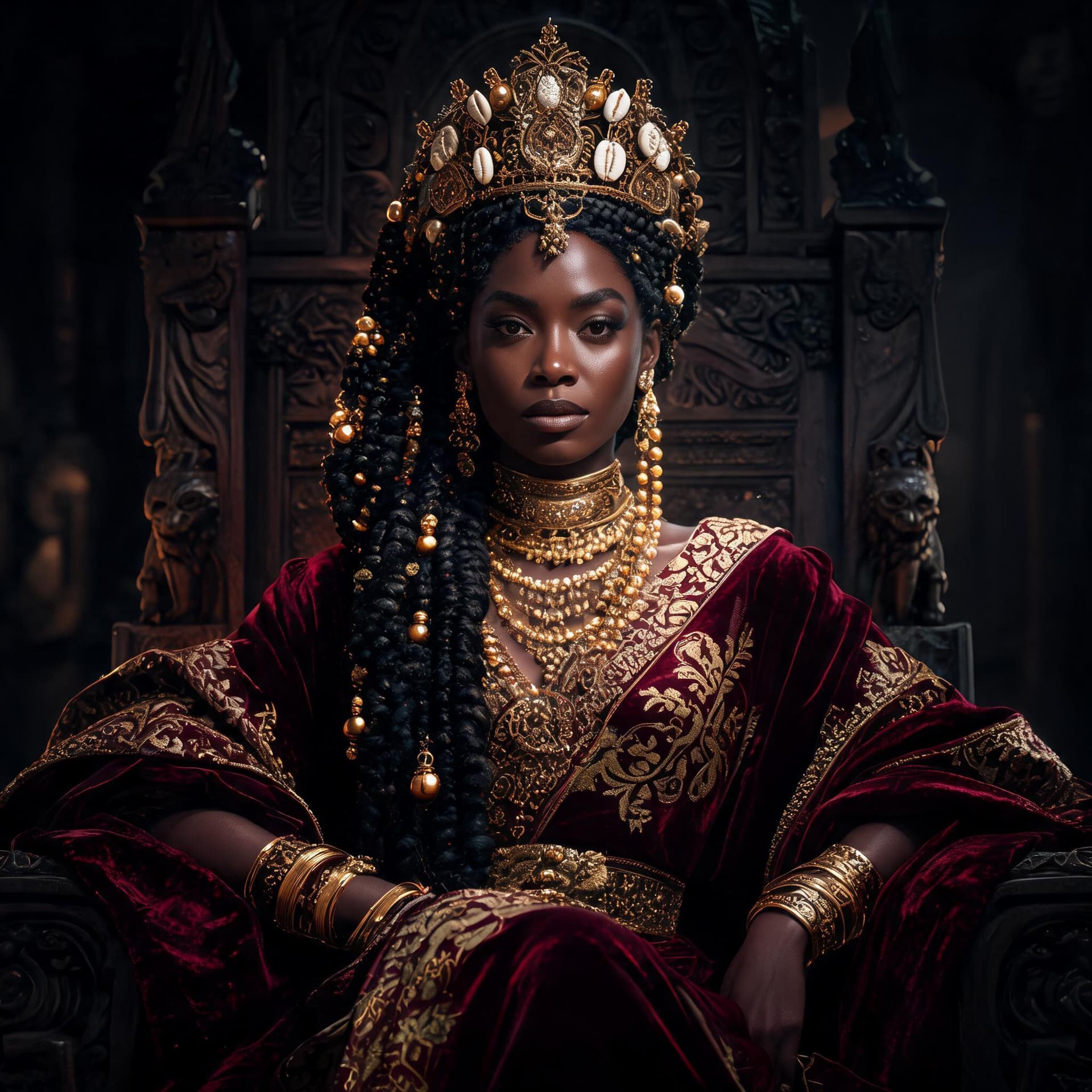 AI generated: dark-skinned African Queen on her throne dramatic portrait, orton effect, glowing highlights, deep s...
