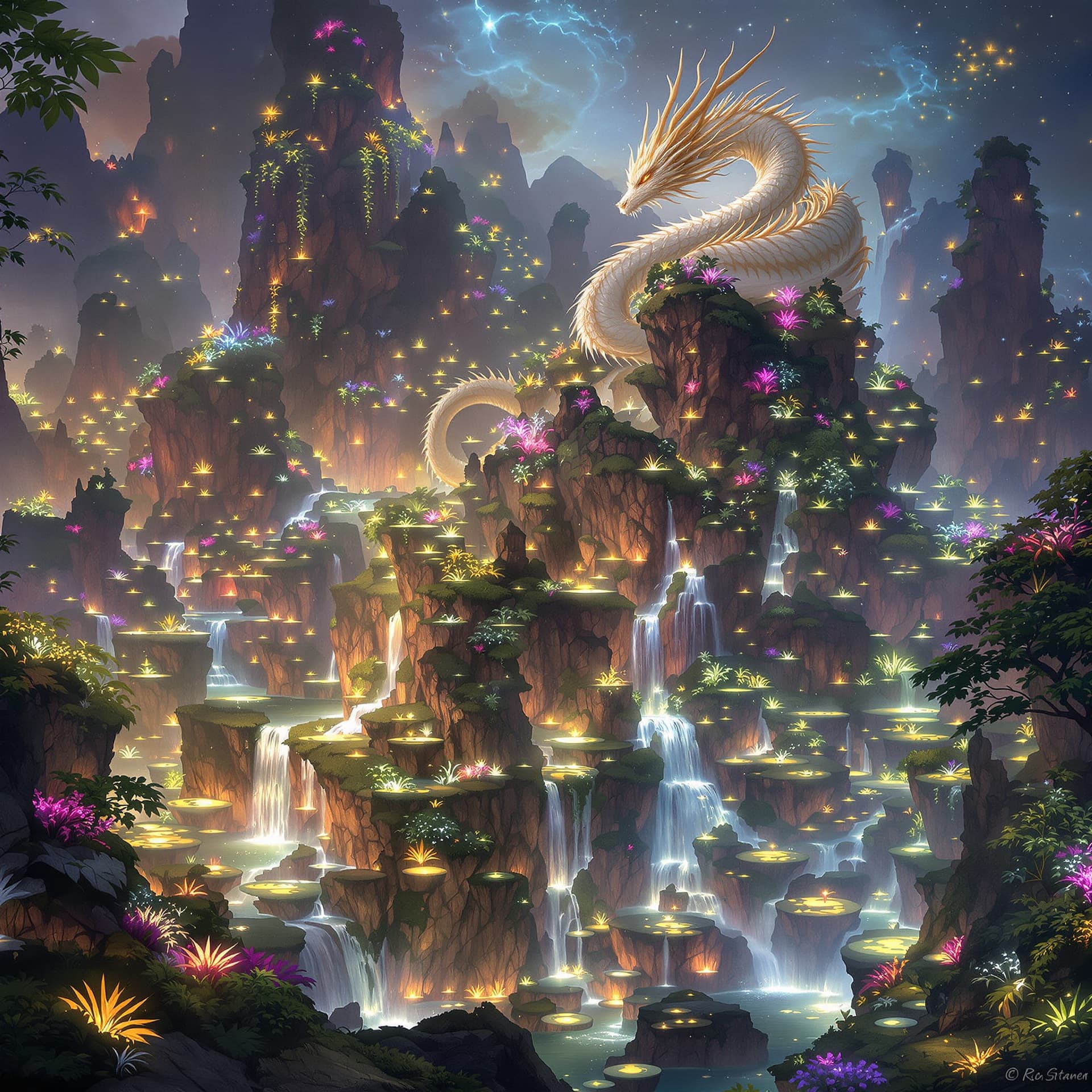 AI generated: A majestic Dragon perched on a craggy mountaintop, overlooking a mystical valley filled with floatin...