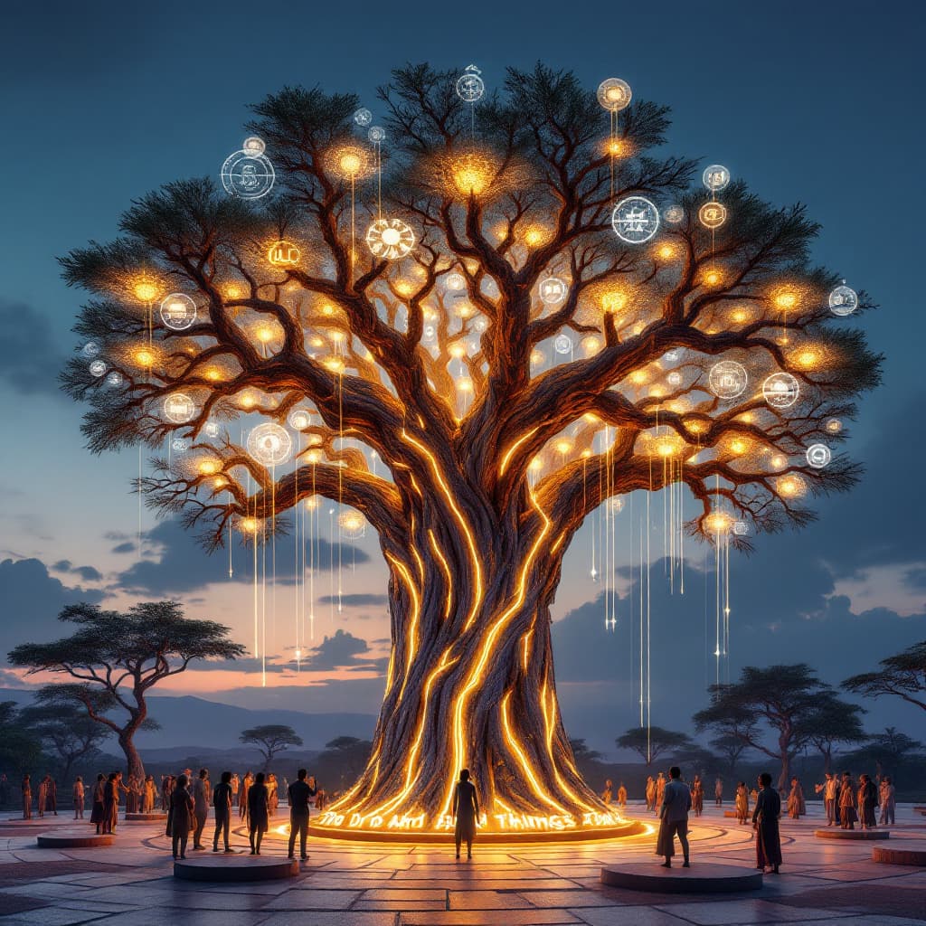 AI generated: A massive baobab tree in an African high-tech village square, glowing from within like a living serv...