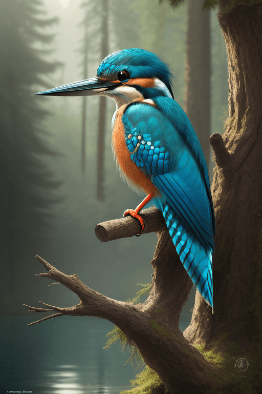 AI generated: Masterpiece, best quality, (a beautiful kingfisher:1.1) (sits on a spruce branch:1.1), (taiga and a ...