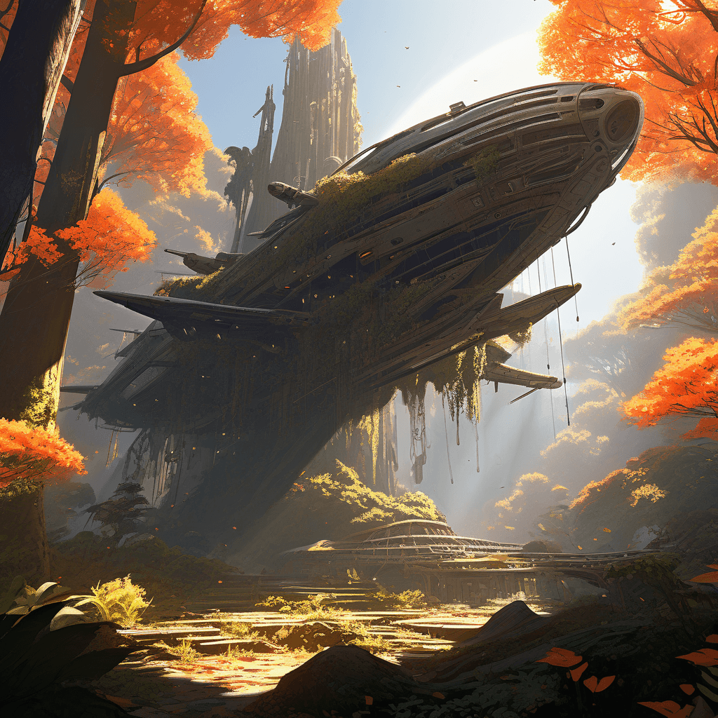 AI generated: jungle, crashed alien-ship, trees, beautiful, autumn, 4k, unreal engine, greg rutkowski, loish, rhad...