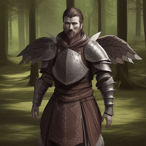 AI generated: DnD 5e Asimar Palidan Ageless One Plate Armor  Log Cabin in the forest with broken wings