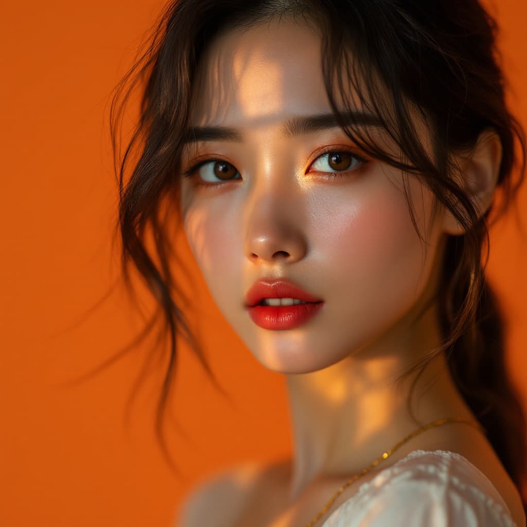 AI generated: photography, orange hue, korean woman model, solid orange backdrop, using a camera setup that mimics...