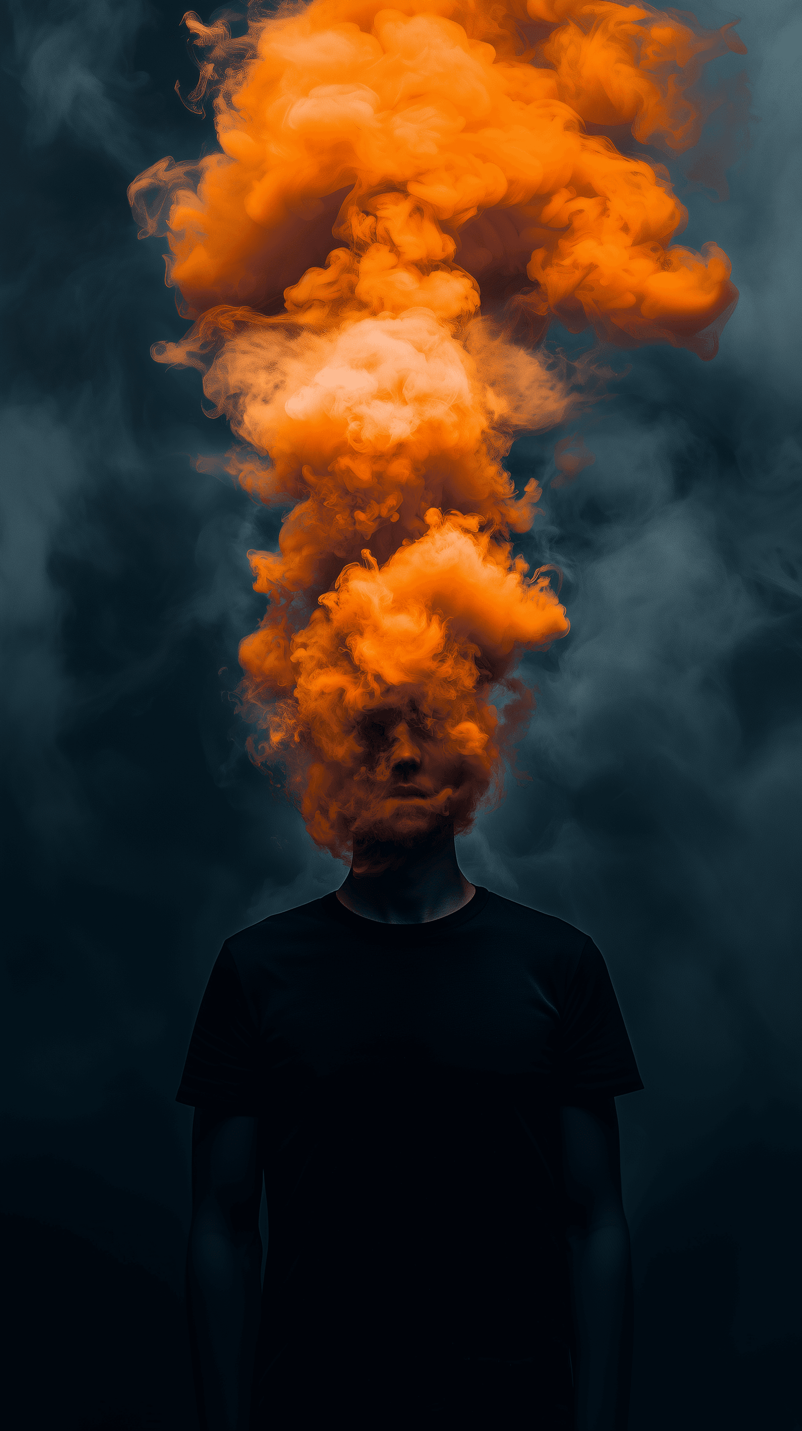 AI generated: create a detailed black and orange photograph of a unknown gender figure, obscured by a thick, swirl...