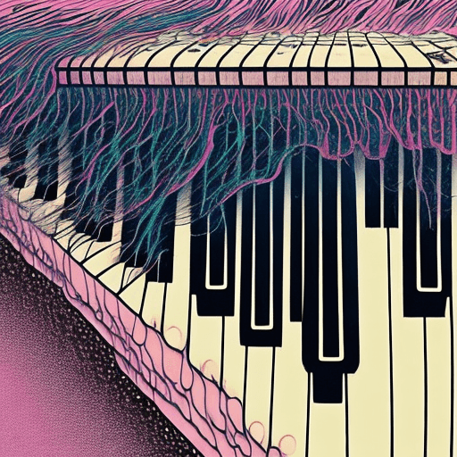 AI generated: fade away for ever :: close image of a  piano keys under a bublle water dissolving piano keys in  sm...