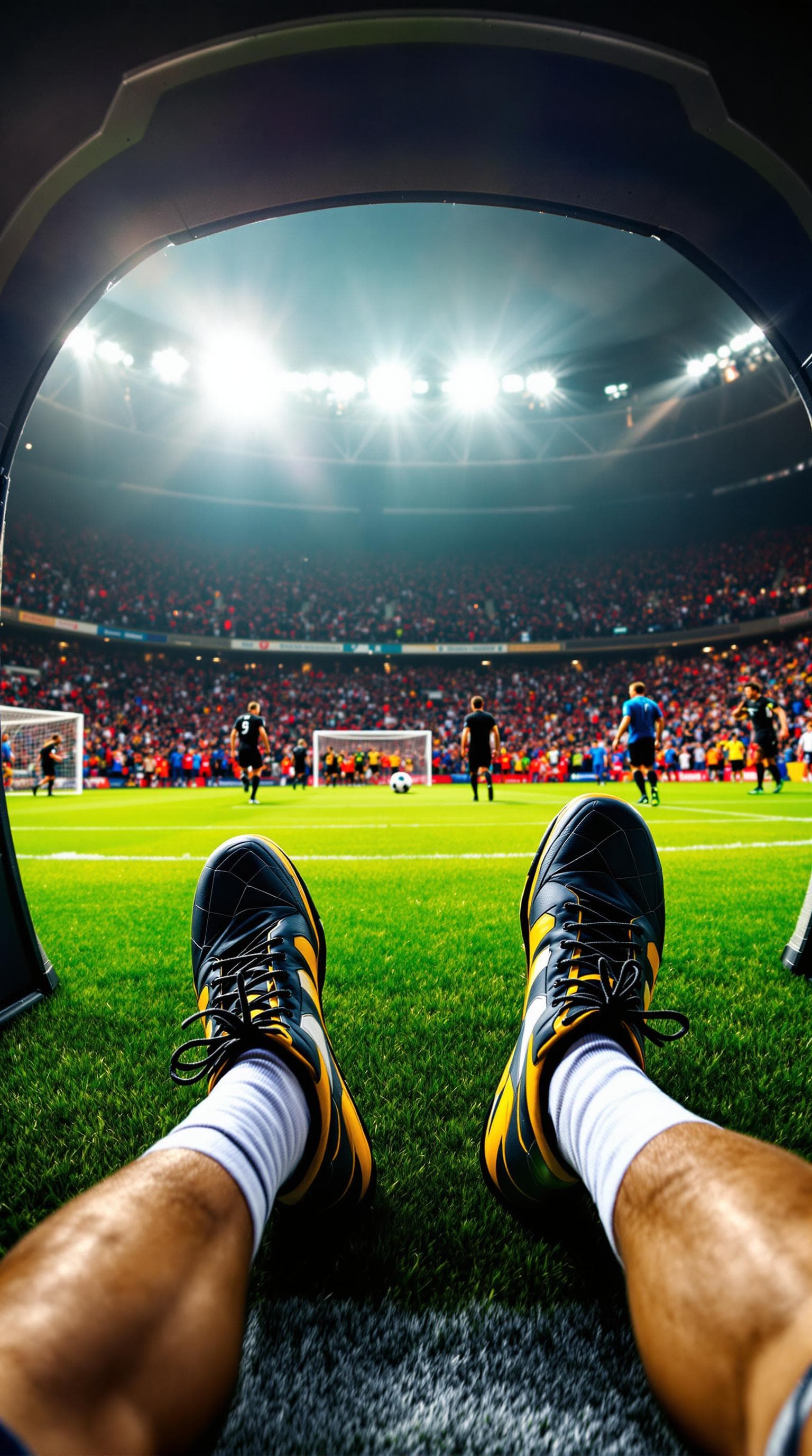 AI generated: "A first-person perspective of a professional footballer walking through the tunnel onto the stadium...