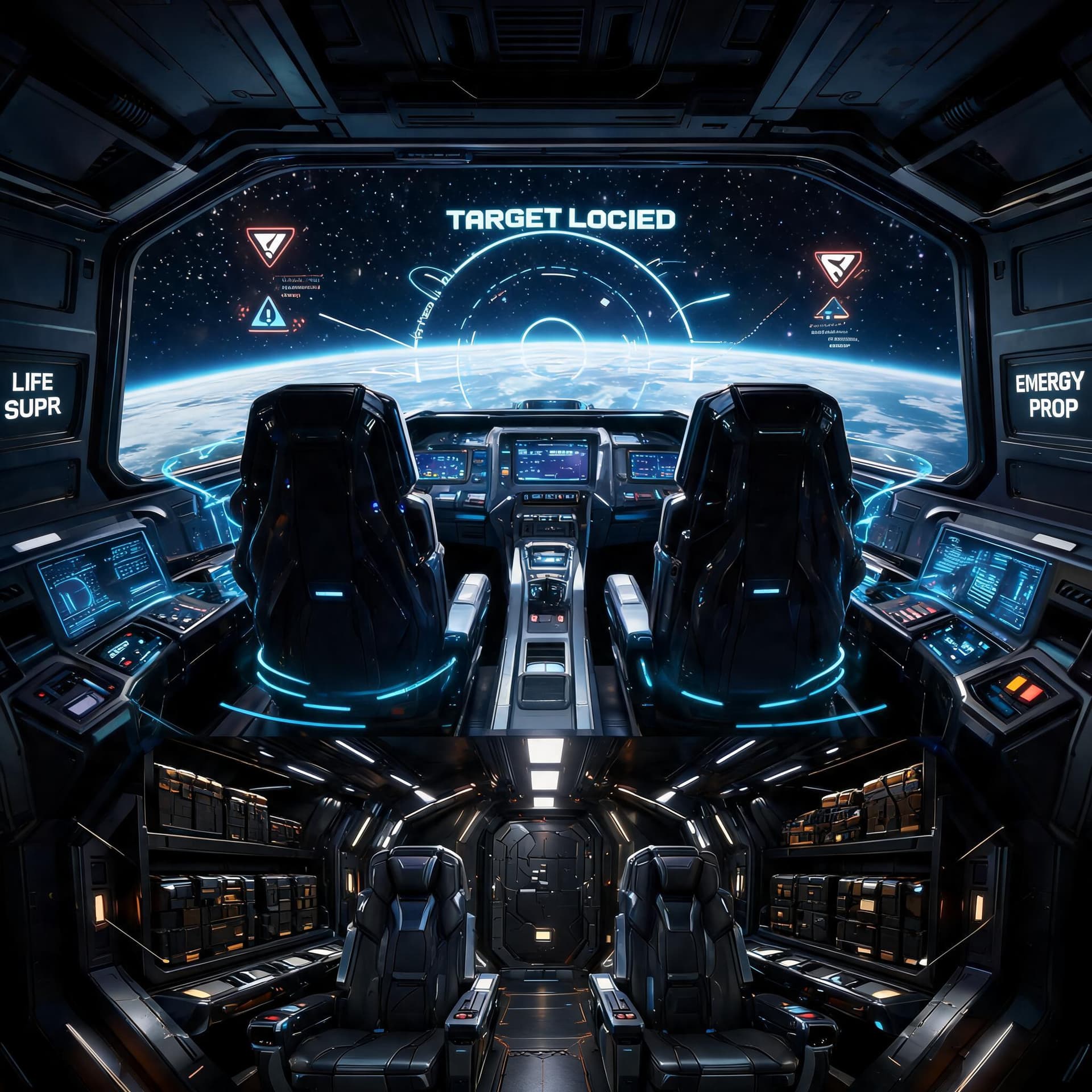AI generated: Prompt:
A compact Fighter-Class starship dual-seated cockpit engineered for high-speed interception,...