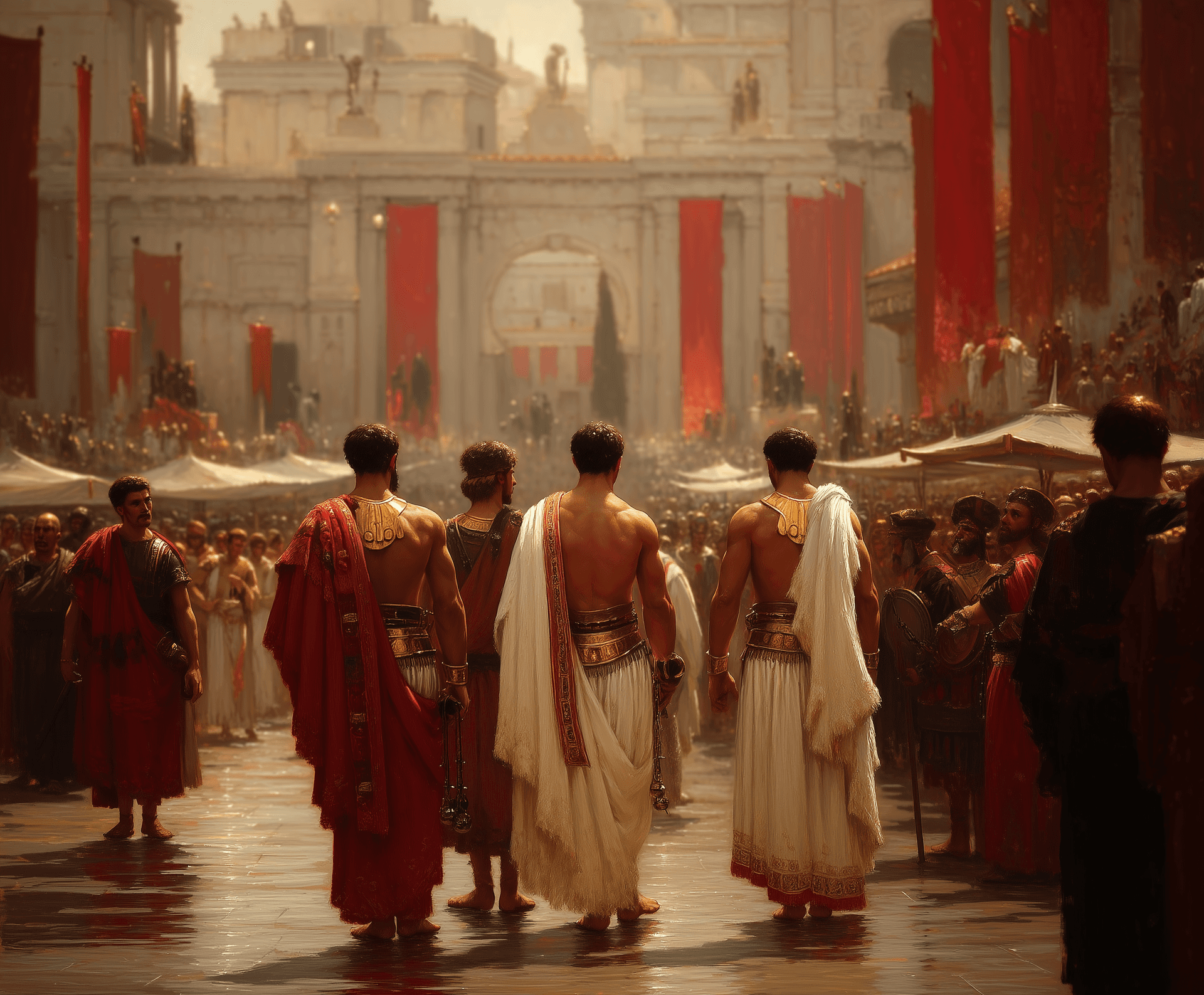 AI generated: group of men in ancient rome 16:9 --chaos 40 --ar 6:5 --style raw --profile 8dtrl7a --stylize 450 --...