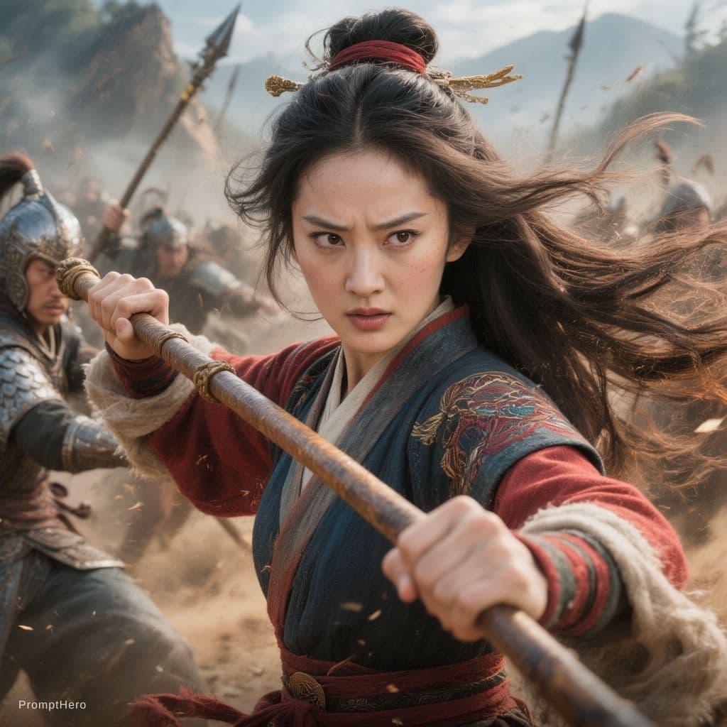 AI generated: Mulan, traditional Chinese attire, battle scene, holding a long stick, high-resolution photography, ...