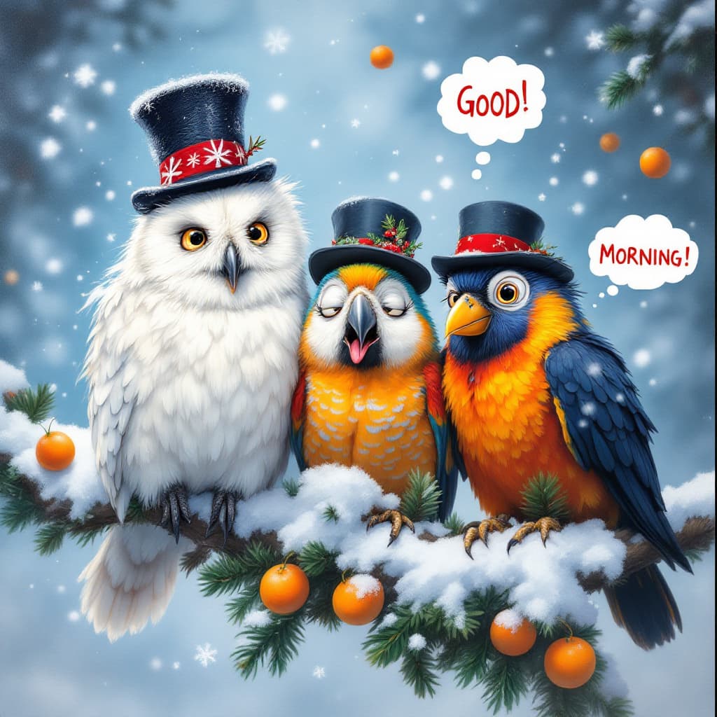 AI generated: Airbrushed oil painting, Disney Pixar style, depicts three funny, cartoon birds polar owl, colorful ...
