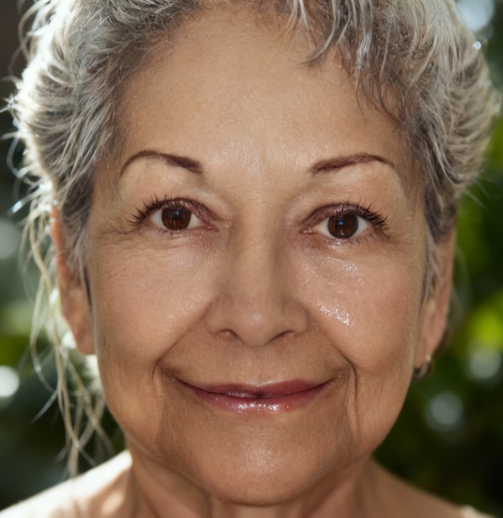 AI generated: {
  "subject": {
    "type": "elderly female model",
    "expression": "pleasant smile",
    "ey...