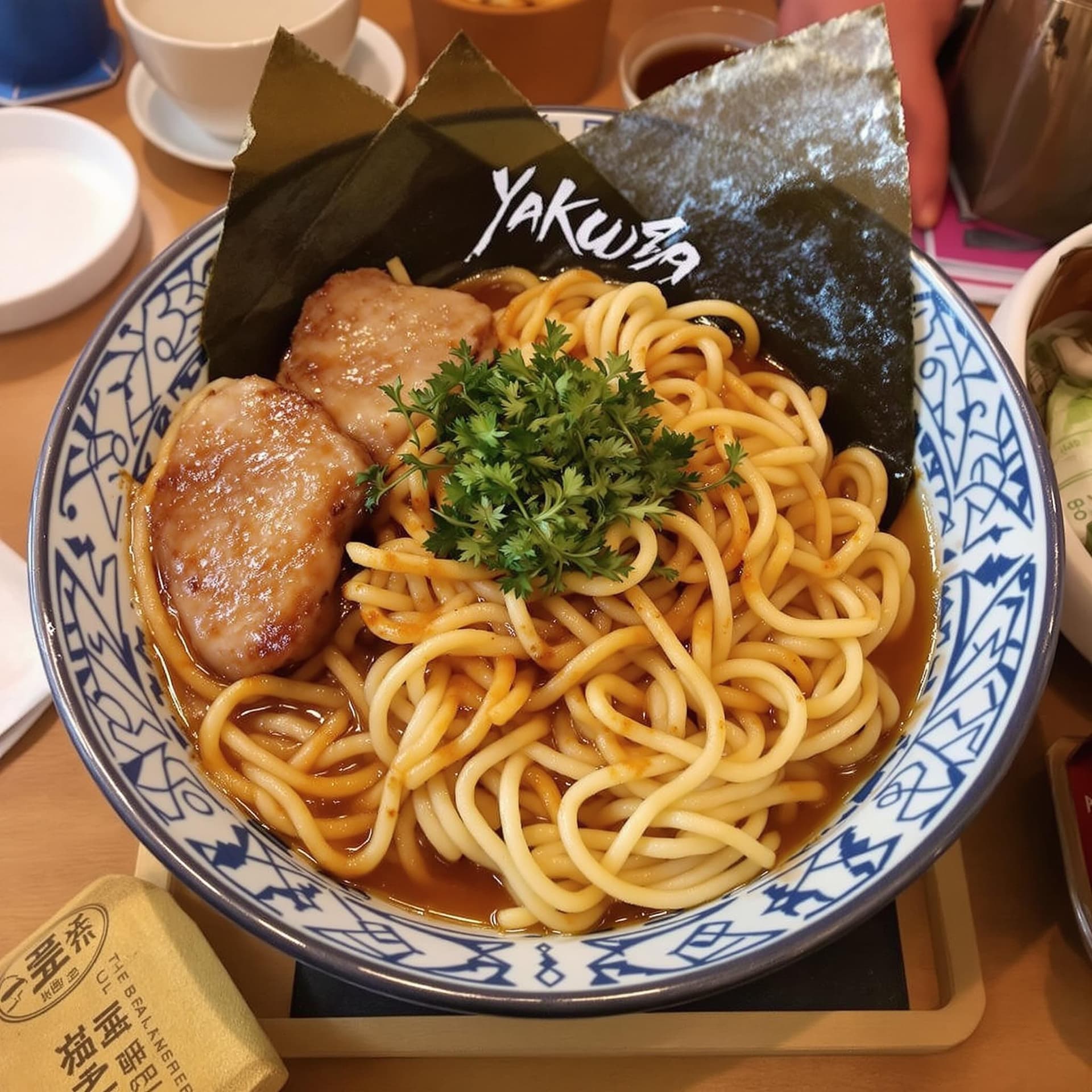 AI generated: สร้างโลโก้แบบเต็มตัวสำหรับเสื้อยืด โดยมีคำว่า 'Yakuza Noodle' พิมพ์อยู่บนโลโก้ พร้อมภาพประกอบของหญิง...