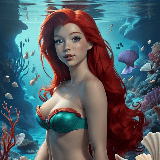 AI generated: Create a high-resolution, realistic photograph of Princess Ariel from Disney. She should appear sedu...