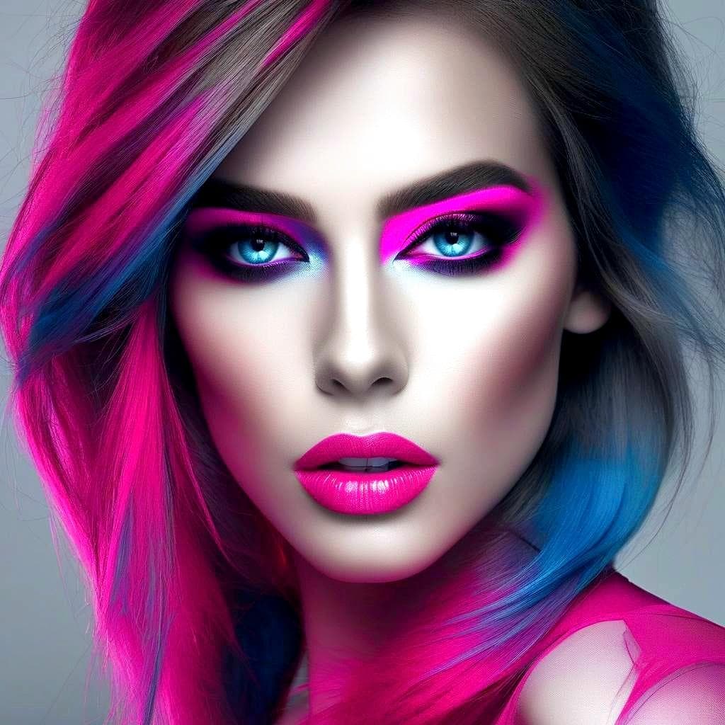 AI generated: A close-up portrait of a young woman with long wavy hair, the image is dramatic and sharp. The hair ...