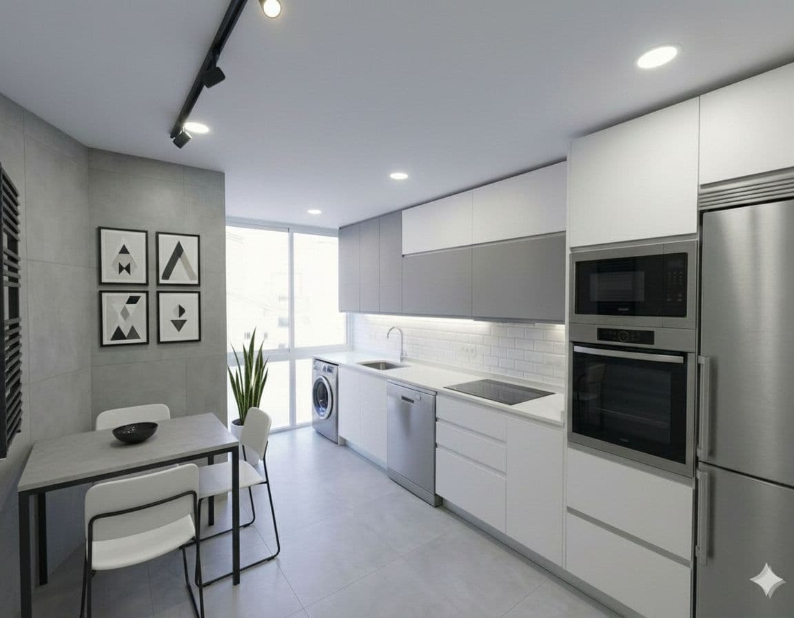 AI generated: Cambia el estilo de la cocina que te adjunto a un estilo moderno, añadiendo una mesa y decoración en...