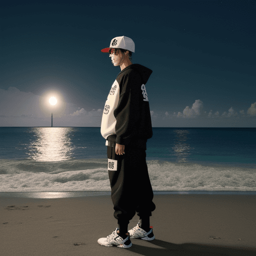 AI generated: anime style environmental wide shot of a beach at night; a man wearing streetwear;