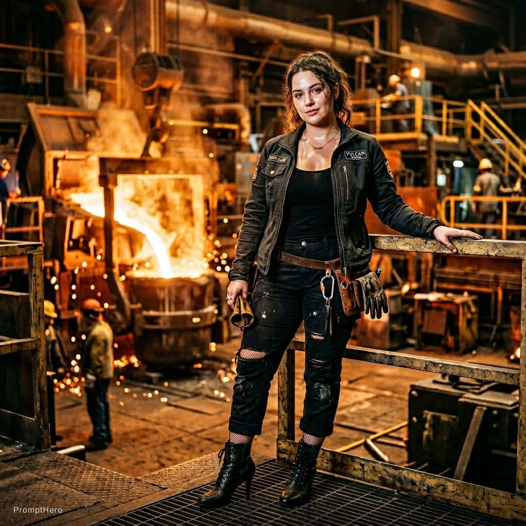 AI generated: a photorealistic portrait of a young adult woman in a steel factory, 
warm industrial environment wi...