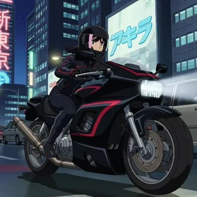 AI generated video: a woman wearing helmet, riding motorcycle in the city of neotokyo, akira anime style, 80's anime sty...