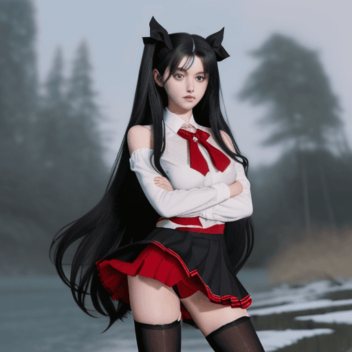 AI generated: masterpiece, best quality, 1girl, tohsaka rin, solo, long hair, thighhighs, skirt, blue eyes, two si...