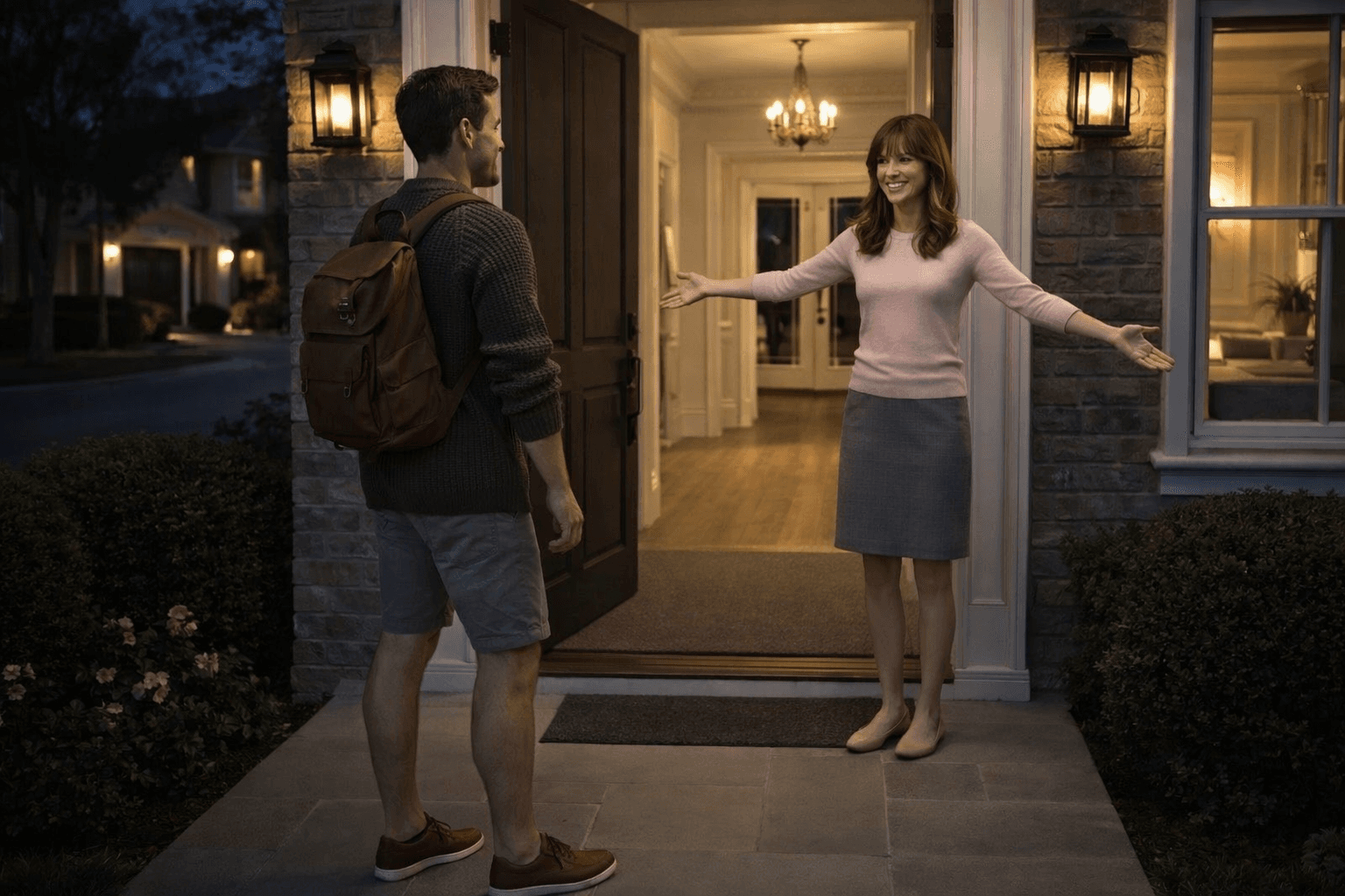 AI generated: At night, the model is at the main door of a beautiful residence at a nice neighborhood. The main do...