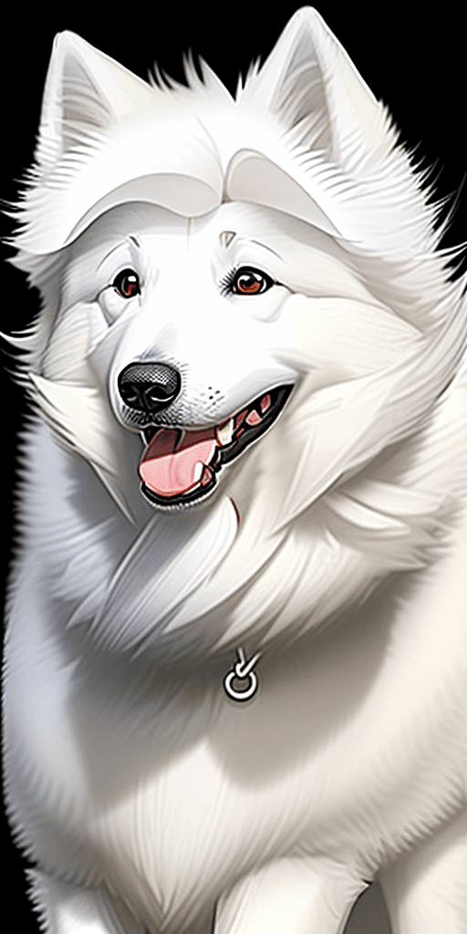 AI generated: smiling/happy white samoyed dog siting far from us, black background for my phone lockscreen leave a...