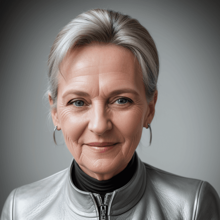 AI generated: hyper realistic headshot photo of a 55 year old german woman, wearing a silver leather suit, looking...